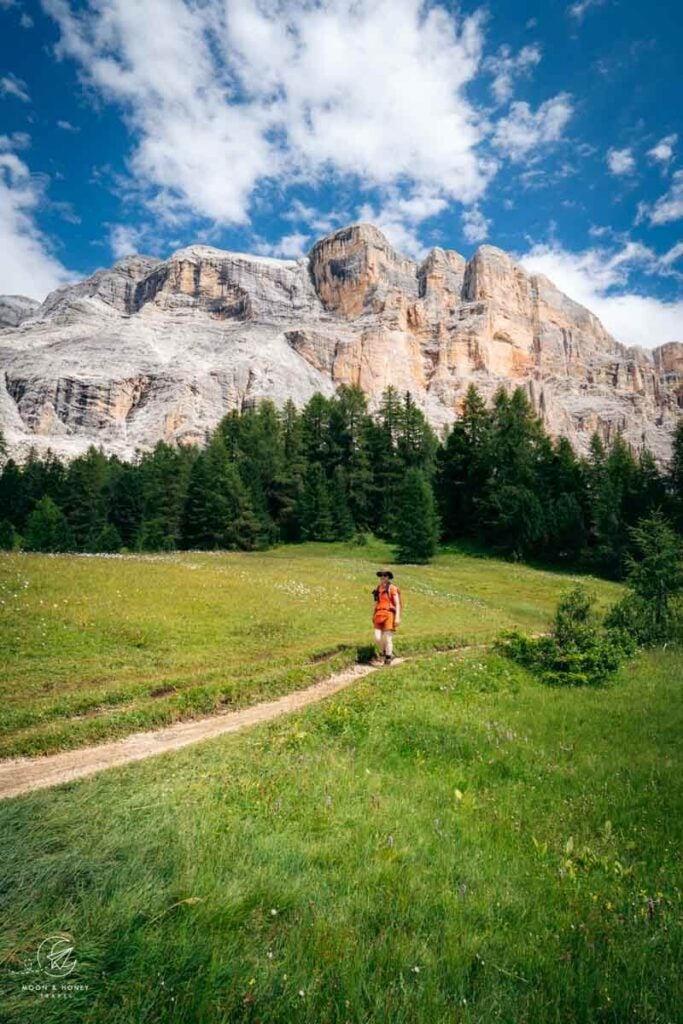 Hiking across Armentara Plateau, Alta Badia, Dolomites