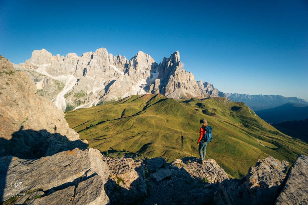 Hiker on Monte Castellaz Summit, Pale di San martino Dolomites
