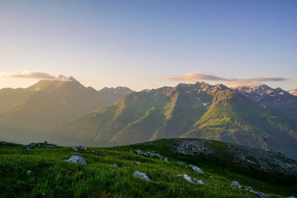 Sonnenaufgang in den Lechtaler Alpen, bei der Leutkircher Hütte, Blick auf den Hohen Riffler, Verwall