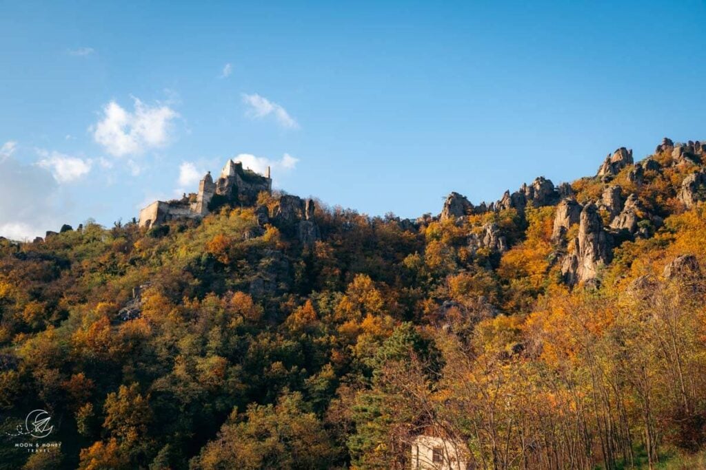 Ausblick auf die Burgruine Dürnstein vom Kuhberg Aussichtspunkt , Wachau, Austria