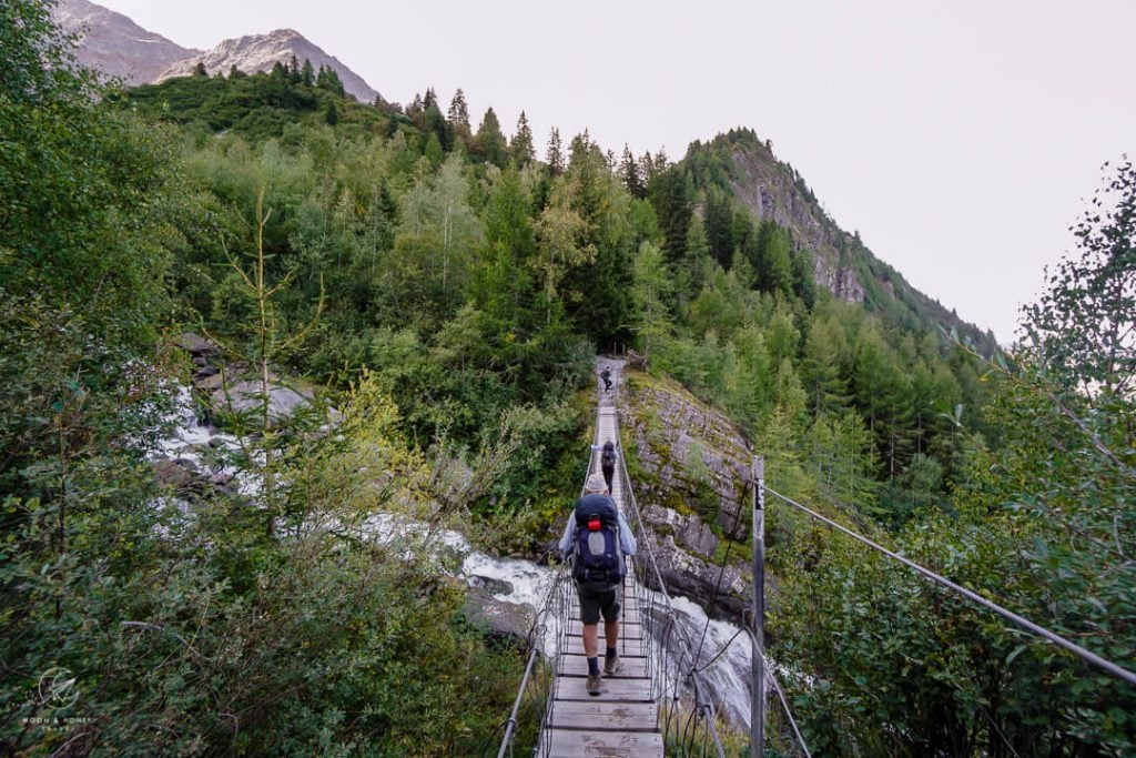 Col de Tricot variant suspension bridge, Tour du Mont Blanc, France