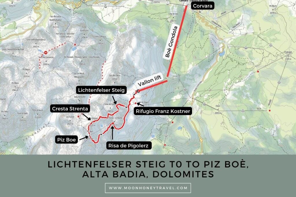 Lichtenfelser Steig Map: Vallon to Piz Boè Hiking Trail, Dolomites