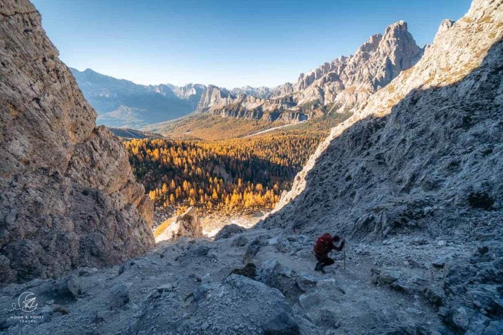 Abstieg von Forcella Marcuoira, Sorapiss Gruppe, Dolomiten