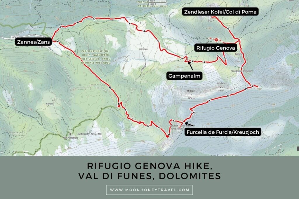 Rifugio Genova Day Hike Map, Val di Funes