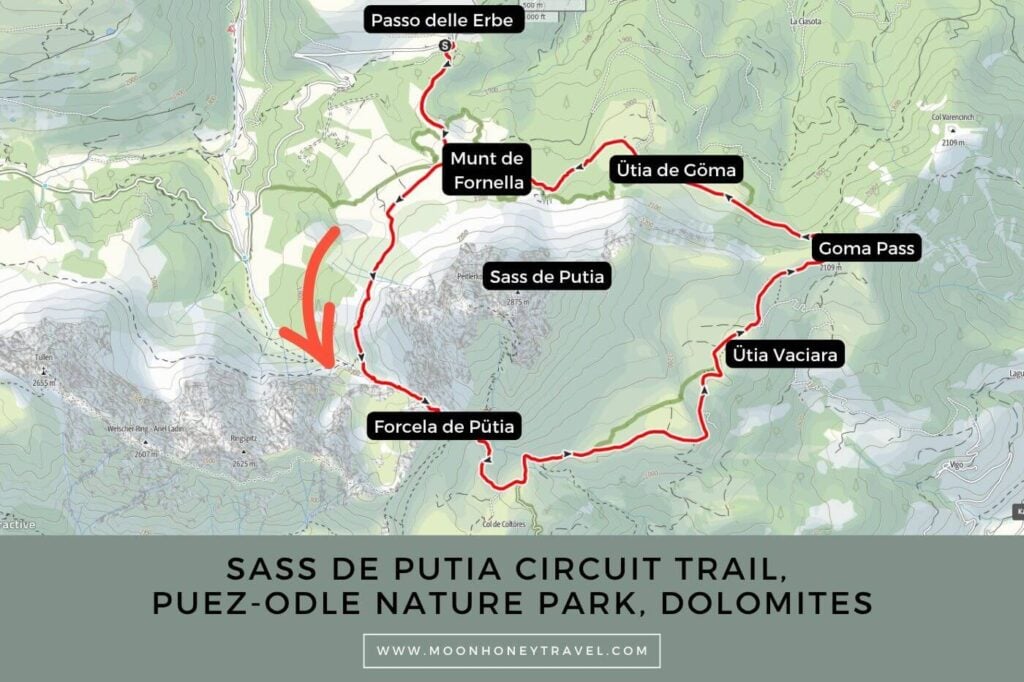 Sass de Putia Circuit Trail, Dolomites Map
