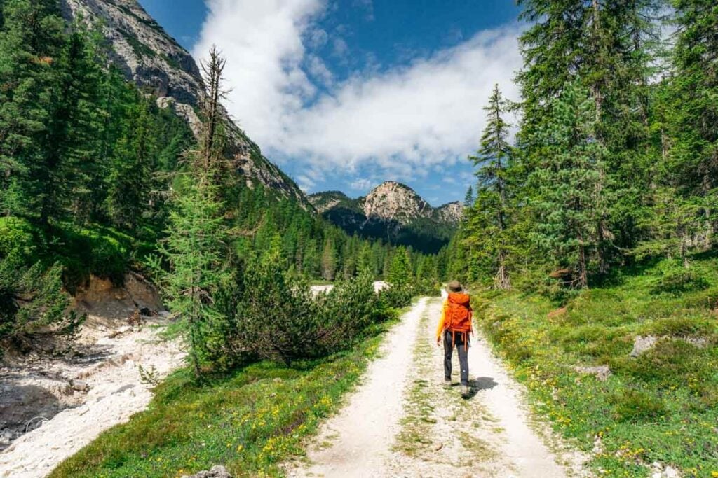 Hiking up Grünwaldtal (Val di Foresta) valley, Braies/Prags Dolomites