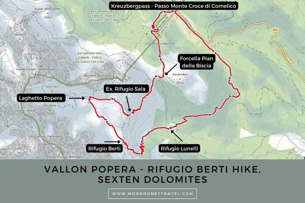 Kreuzbergpass - Vallon Popera - Rifugio Berti Hiking Map