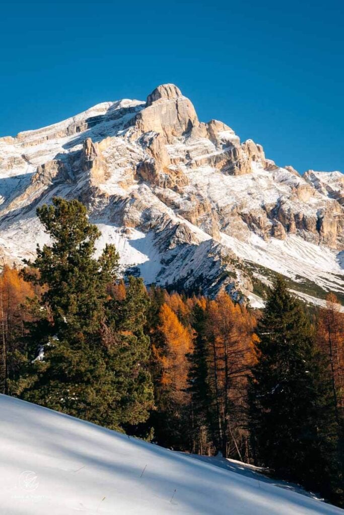 San Cassiano to La Crusc Church hiking trail in autumn, Dolomites