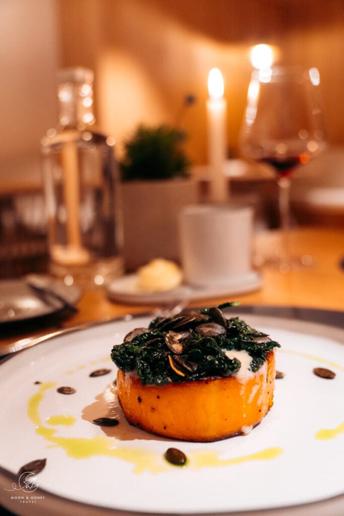 AMA Stay restaurant pumpkin dish in San Vigilio, Dolomites