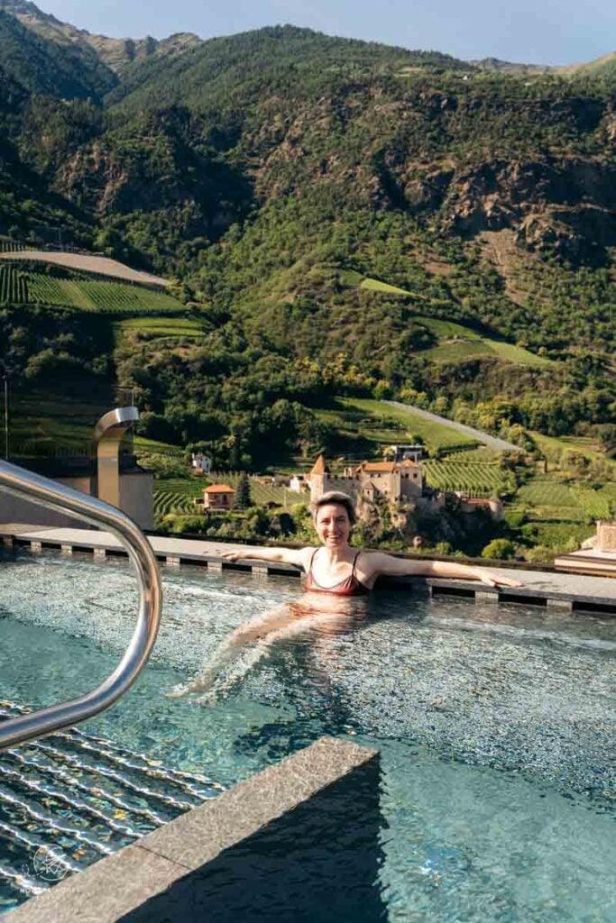 Castle-facing rooftop whirlpool at Boutique Hotel AMARIL, Val Venosta, South Tyrol, Italy