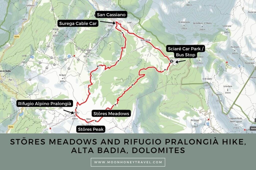 Störes Meadows and Rifugio Pralongià Hiking Map, Alta Badia, Dolomites