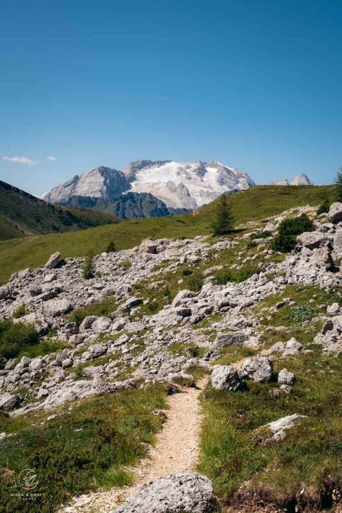 Marmolada view along the Setsas Circuit Trail, Dolomites