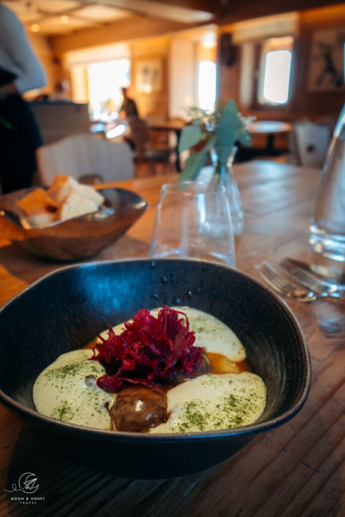 venison meatballs with chanterelle mushrooms and light polenta foam flavoured with swiss stone pine, Da Aurelio Restaurant, Dolomites