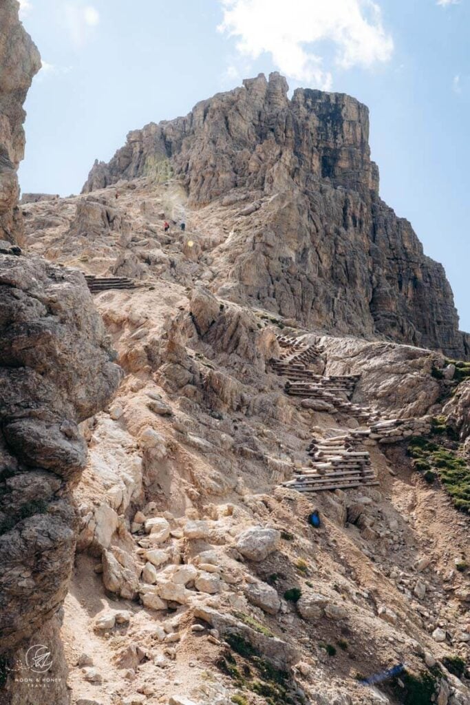 Timber-bolstered path to Forcella Sassongher, Alta Badia, Dolomites