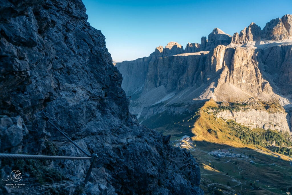 Via Ferrata Piccolo Cir fixed cables left wall of gully, Dolomites
